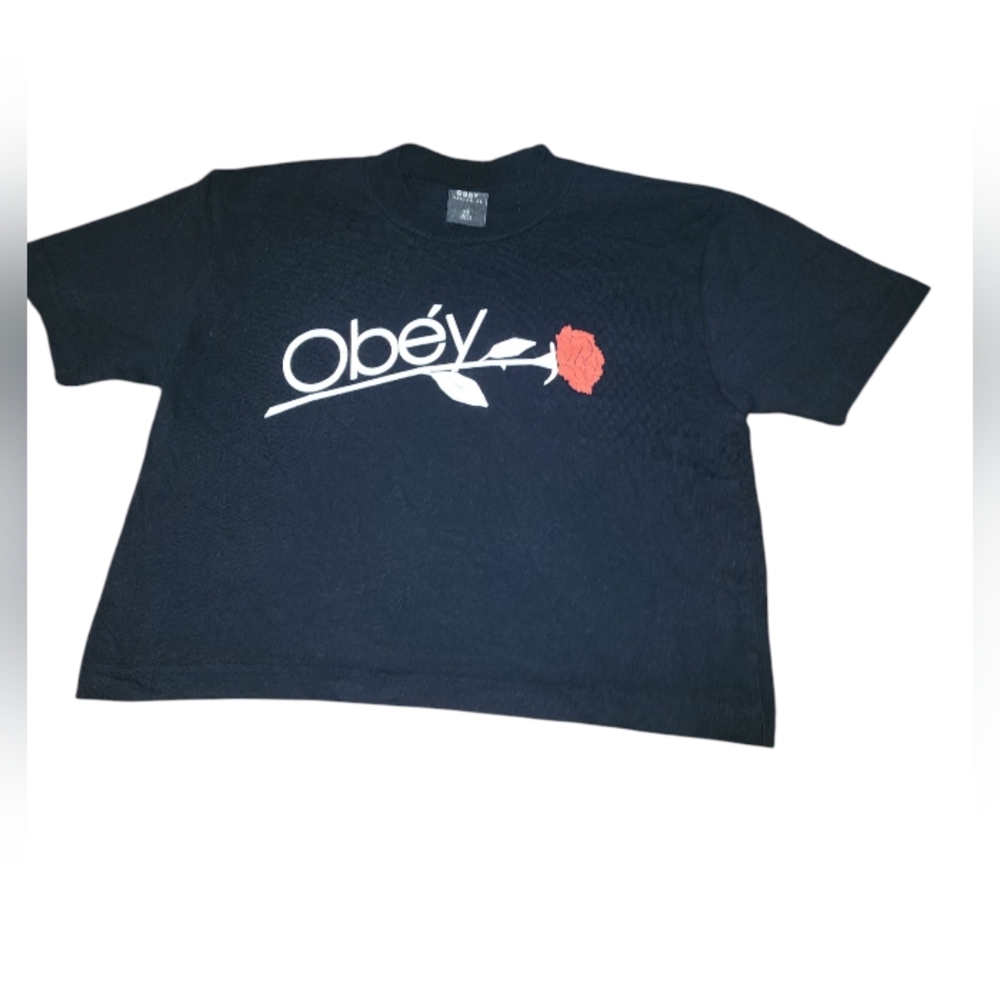 Obey Cropped Black Tshirt Womens Sz Xs With Rose